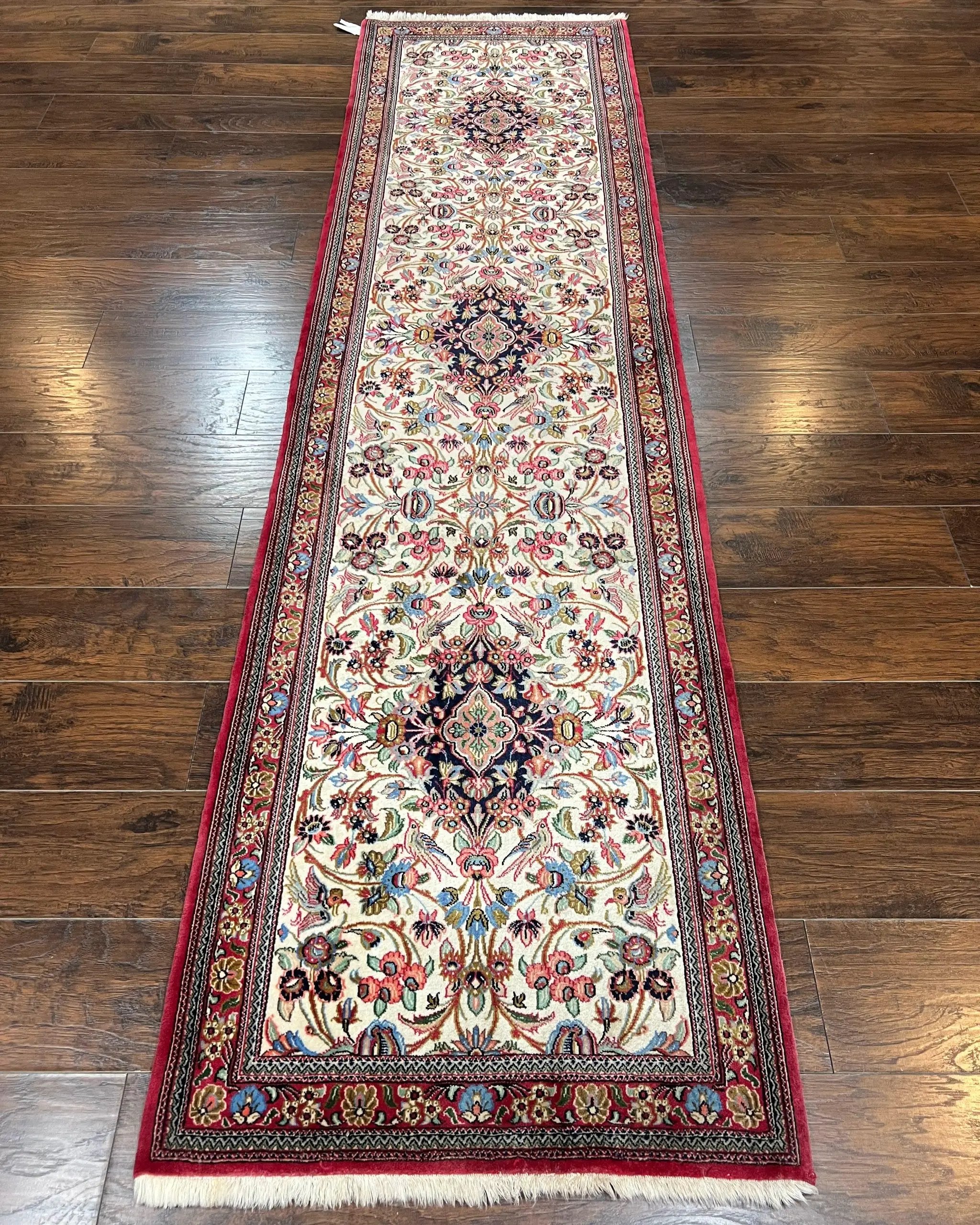 Wonderful Persian Qum Runner Rug 2.8 x 10 ft, Floral Medallions with Bird Motifs, Hand Knotted Wool Fine Oriental 10ft Hallway Runner, Cream Red by Jewel Rugs