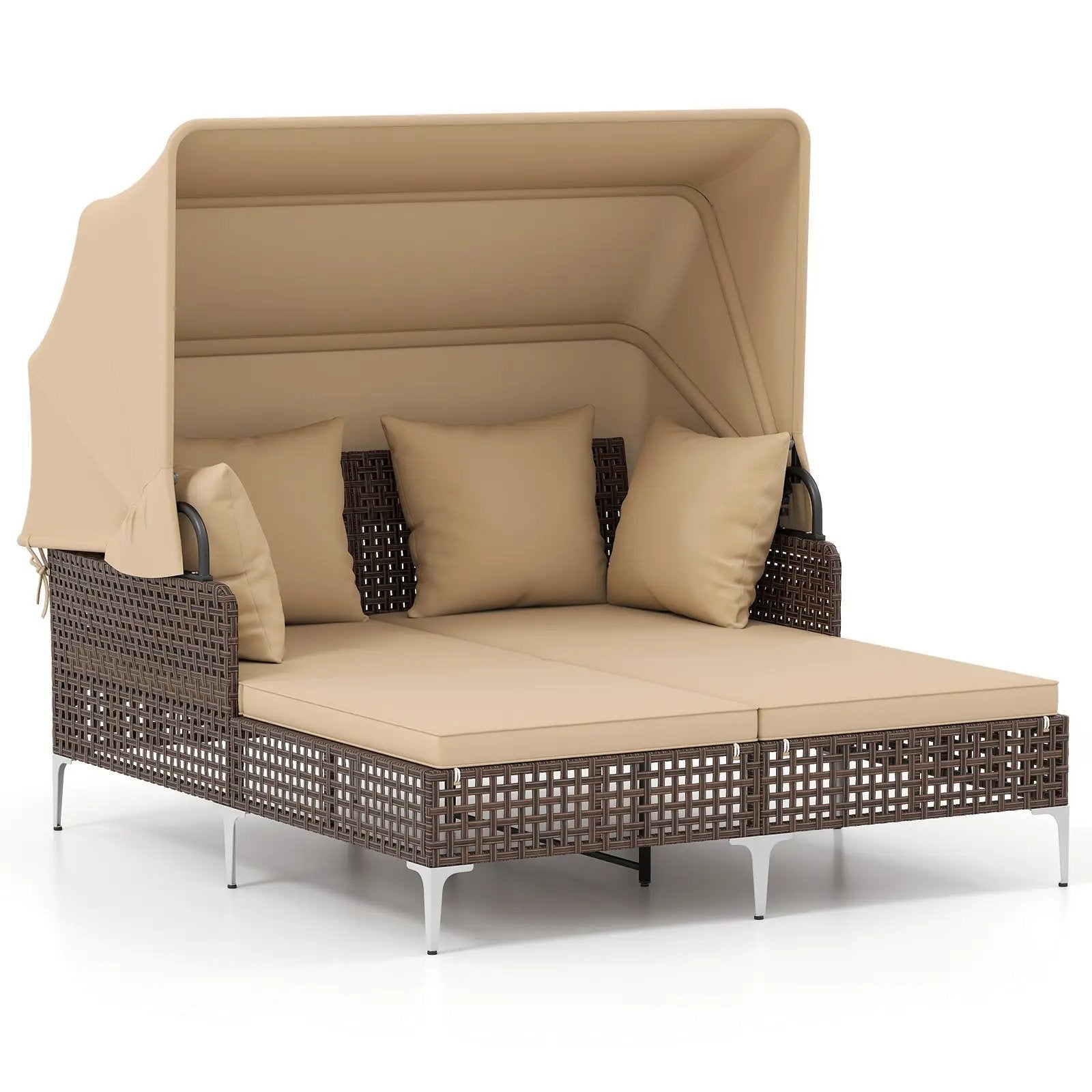 Outdoor Daybed with Retractable Canopy PE Wicker Rattan Patio Lounger by DirectDeals