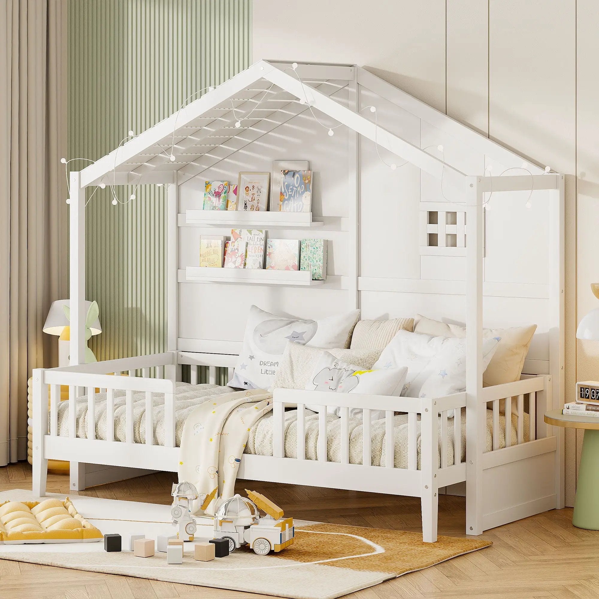 House Bed With Shelves, Window And Sparkling Light Strip On The Roof by HouseOfZazla