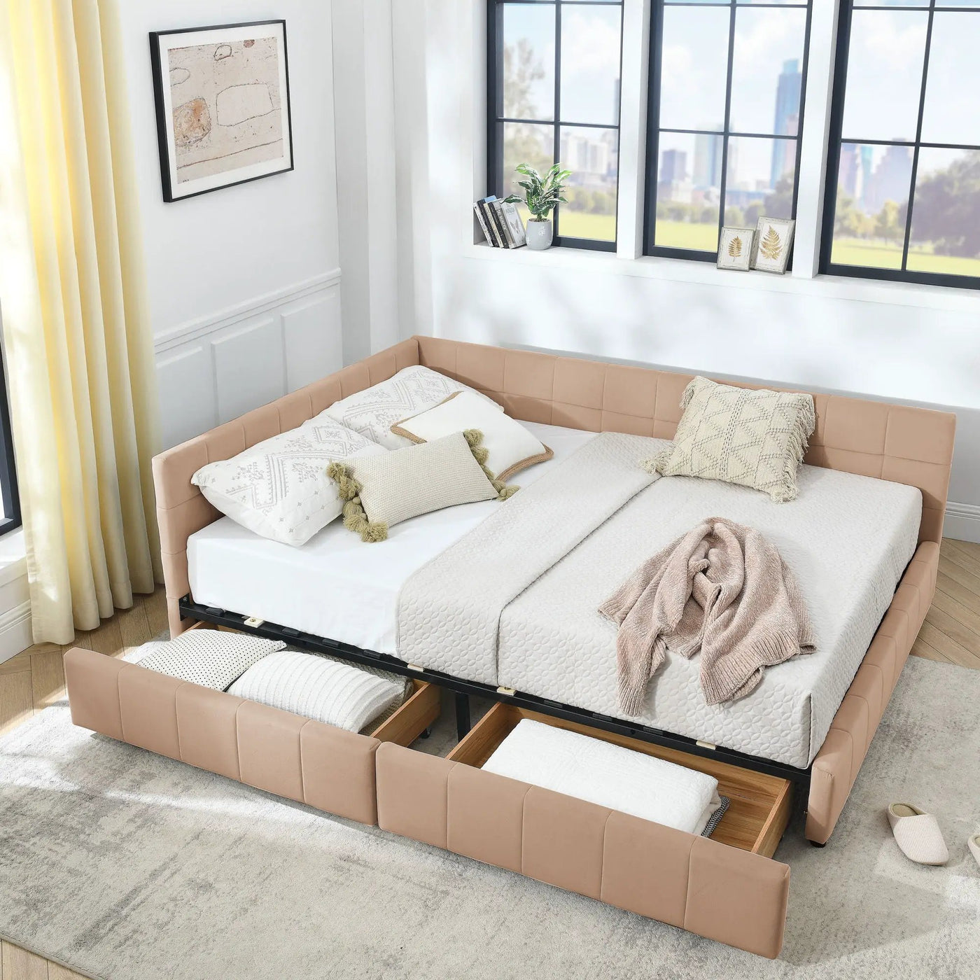 Mid-Century Storage Upholstered Tufted Bed Frame With Backrest And Armrests by HouseOfZazla