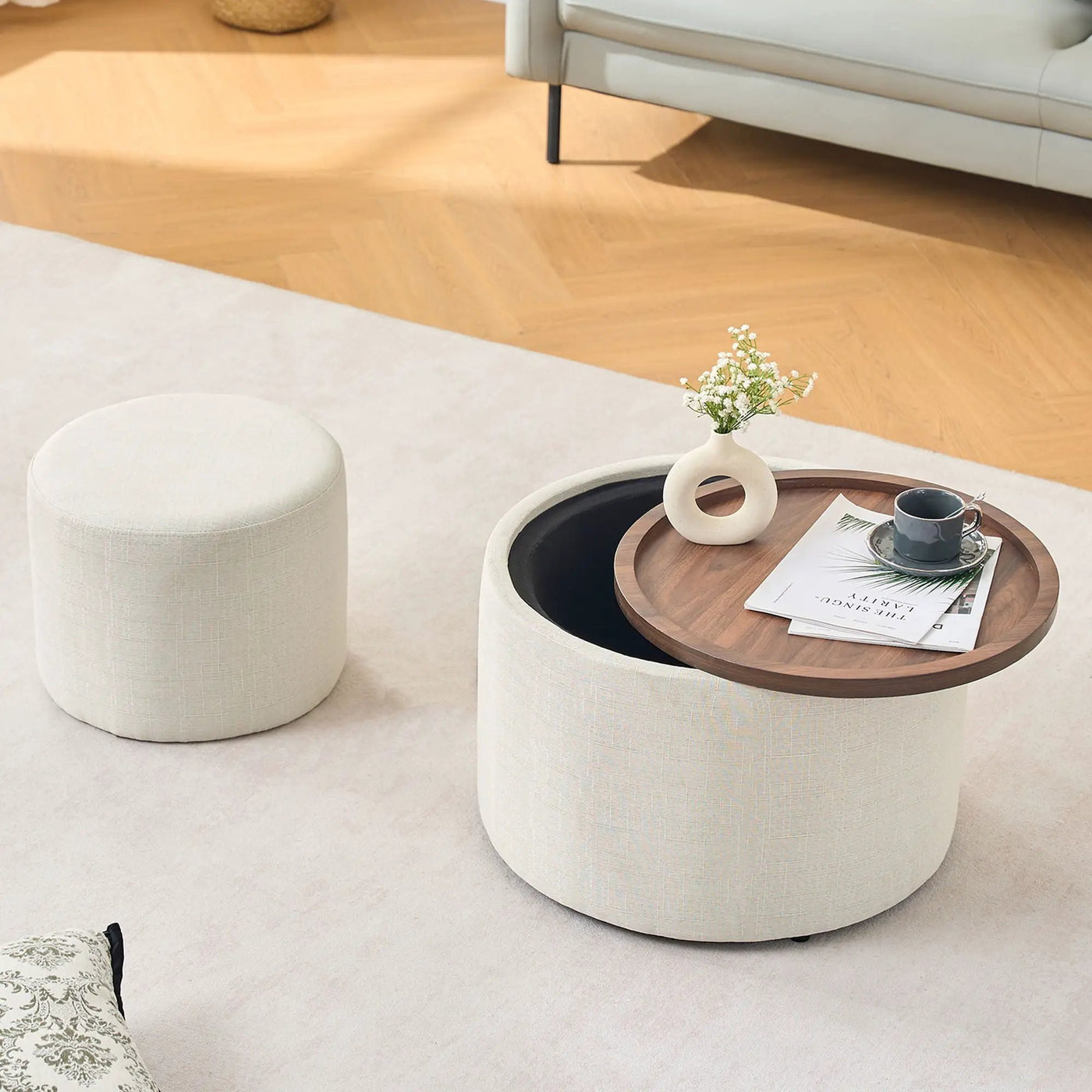 Nesting Ottomans, Round Coffee Table & Bench With Tray (Set of 2) by HouseOfZazla