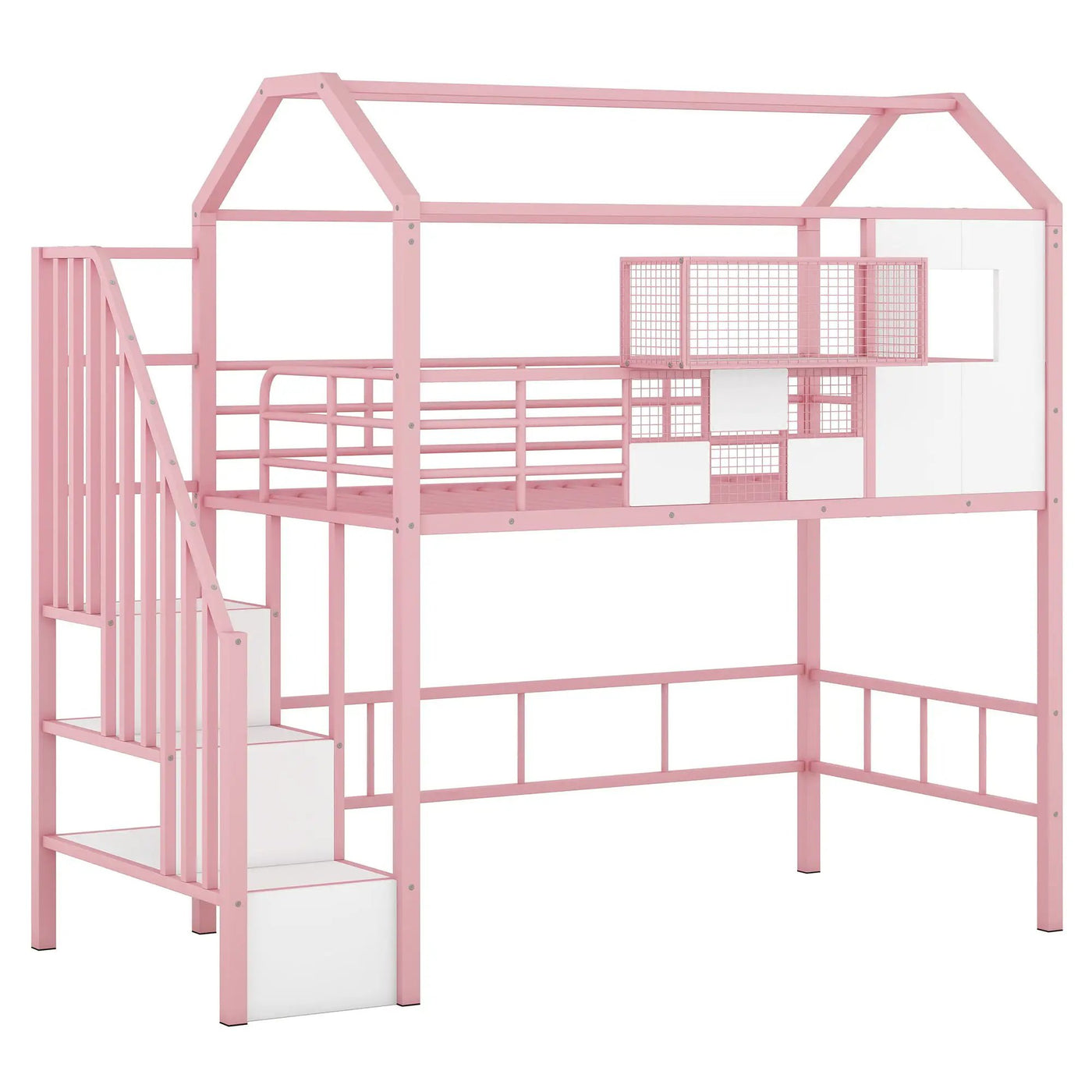 Metal Loft Bed With Roof Design And Storage Box With Guardrails And Integrated Ladder by HouseOfZazla