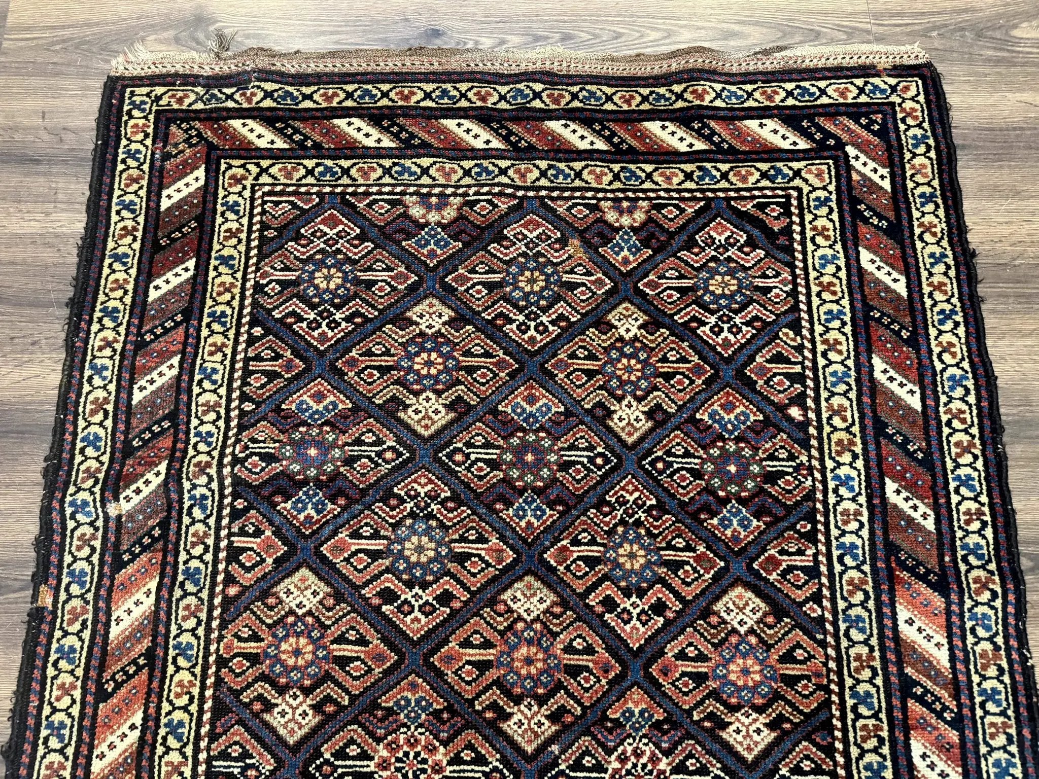 Antique Persian Wide Runner Rug 4x9, Kurdish Rug, Panel Design, Rainbow Border, Rare Tribal Rug by Jewel Rugs