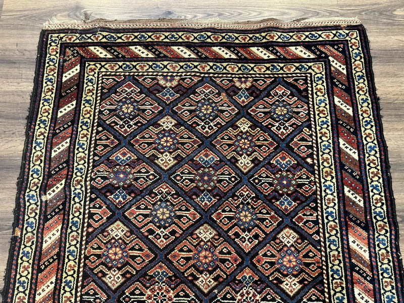 Antique Persian Wide Runner Rug 4x9, Kurdish Rug, Panel Design, Rainbow Border, Rare Tribal Rug by Jewel Rugs