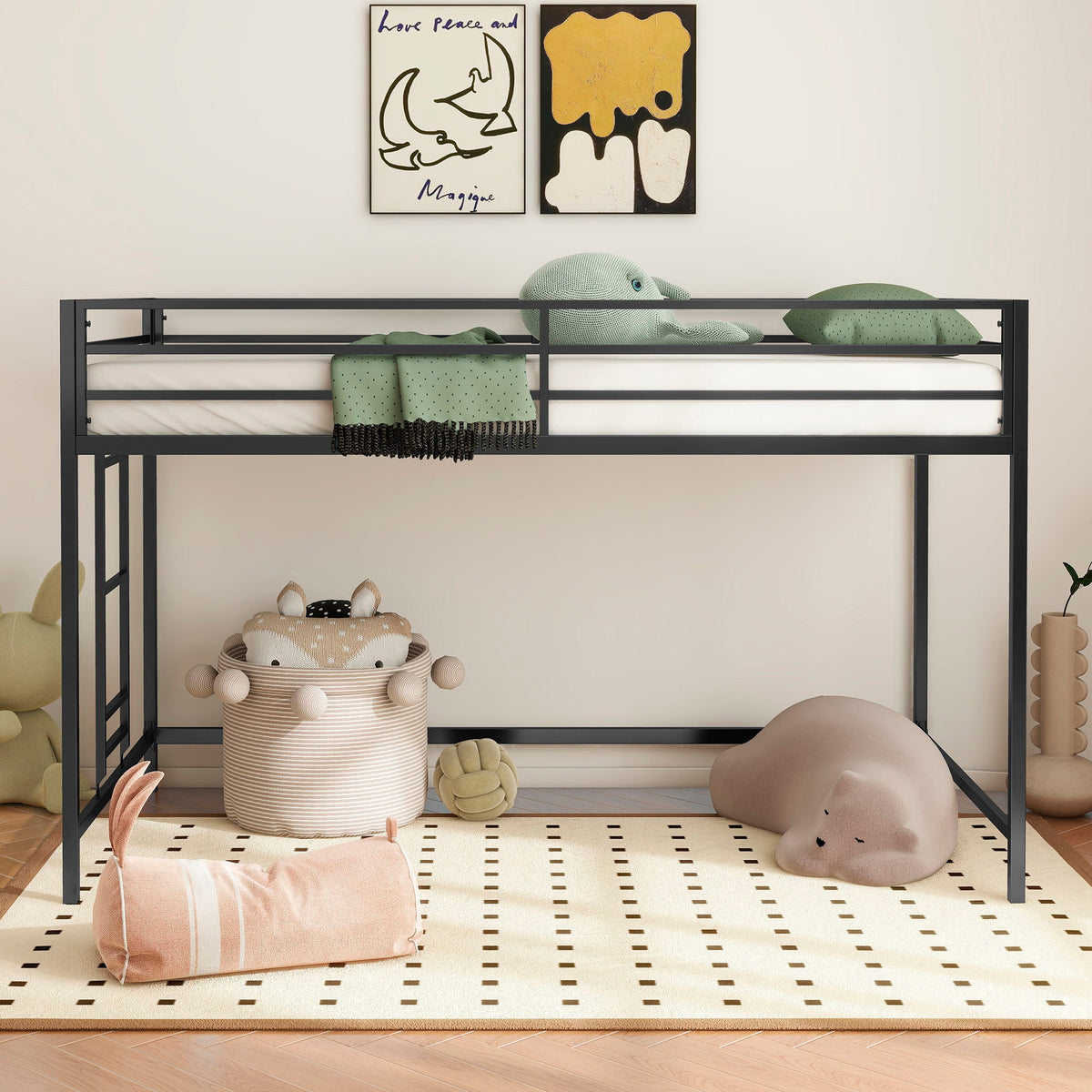 Black Twin Loft Bed with Full-Length Guardrails and Reversible Ladder, photo 4 of 14