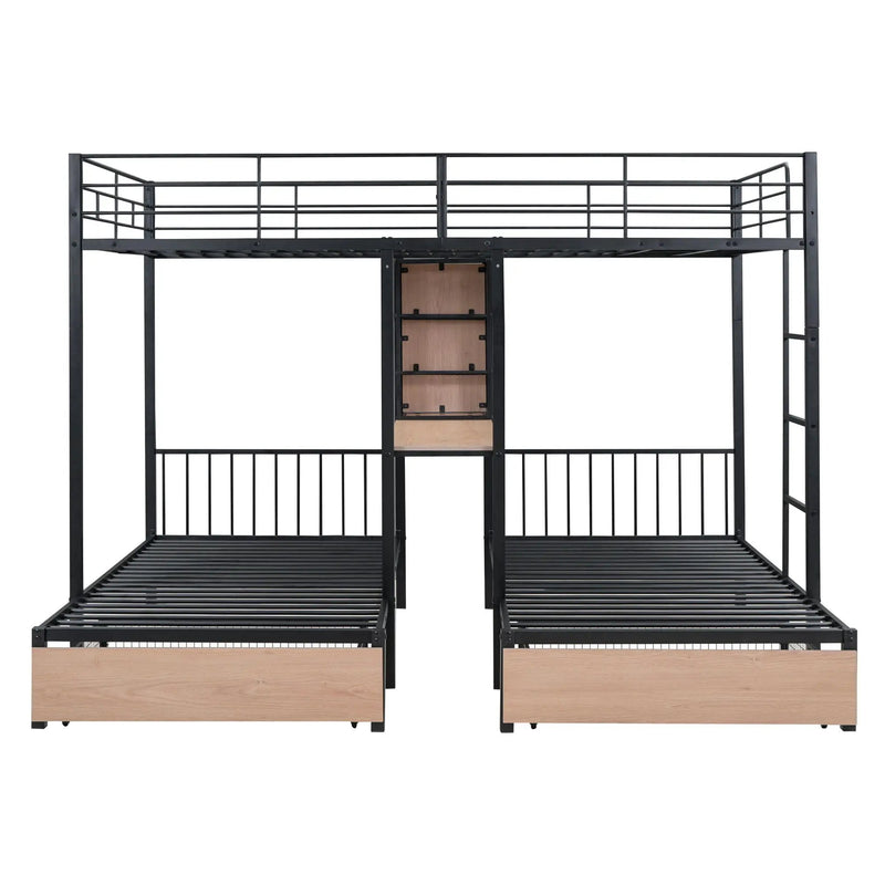 Triple Bunk Bed With Drawers, Multi-Functional Frame With Desks And Shelves In The Middle by Unique Piece Furniture