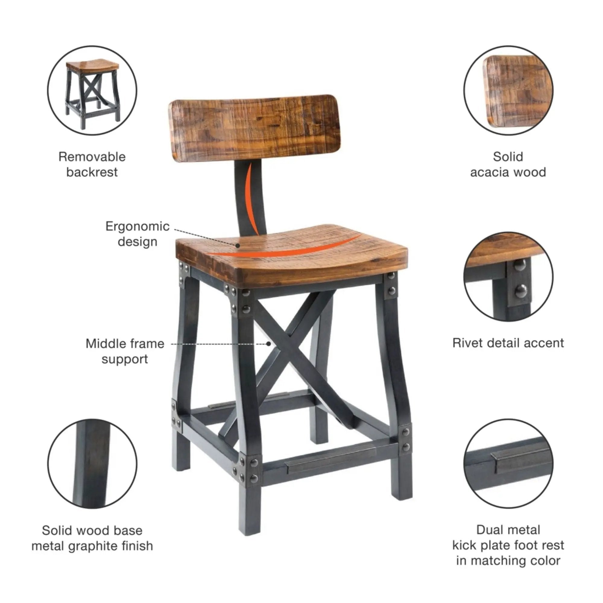 Industrial Counter Stool With Back Removable Solid Acacia - Amber by HouseOfZazla