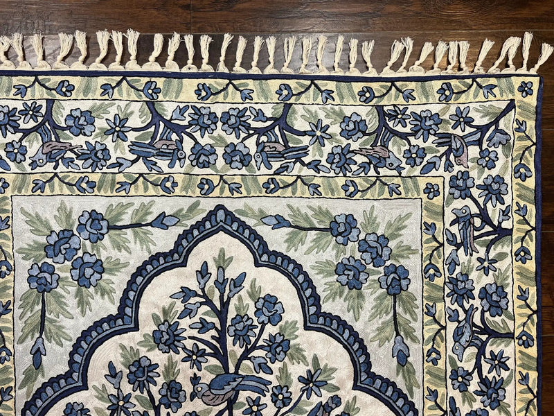 Tree of Life Indian Hand Stitched Rug 4x6, Indian Wall Hanging Rug, Ivory Blue, Silk on Cotton, Vintage by Jewel Rugs