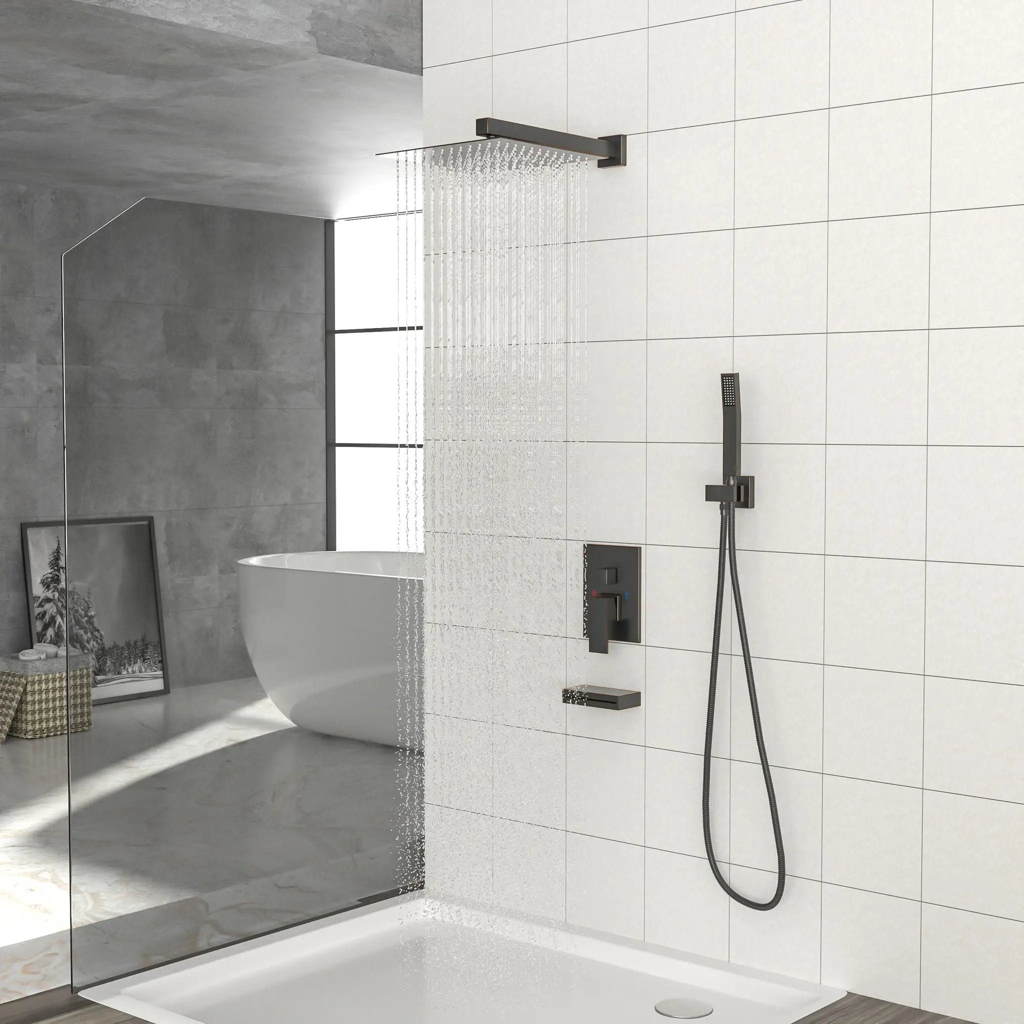Square Shower System With Waterfall Tub Spout And Rough In Valve, Wall Mounted by HouseOfZazla