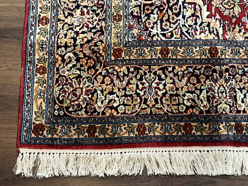 Indian Kashmiri Silk Rug 6x9, Red and Navy Blue, Floral Medallion, Fine 275 KPSI by Jewel Rugs