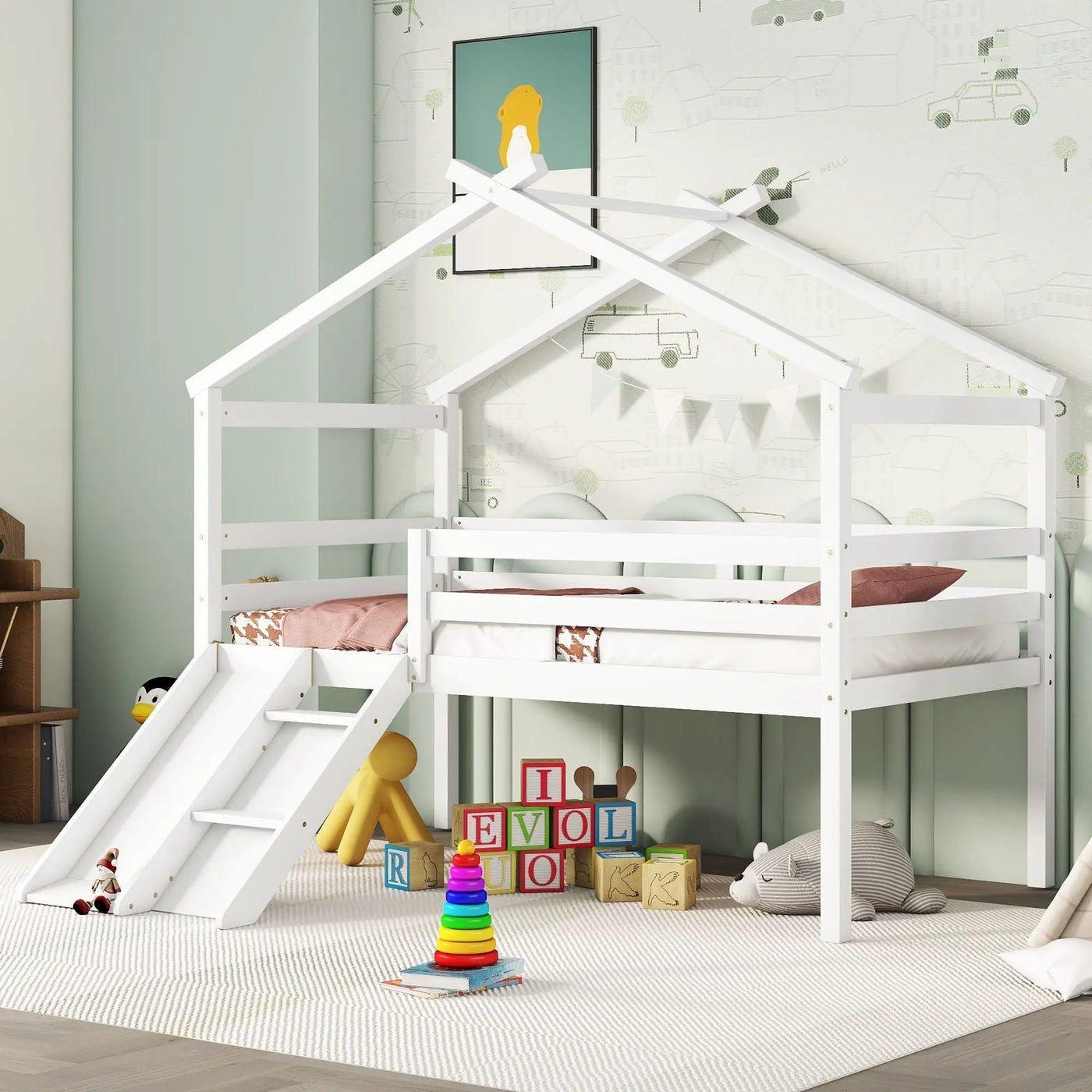 Low Loft House Bed With Slide, Ladder, Safety Guardrails, House Roof Frame by Unique Piece Furniture