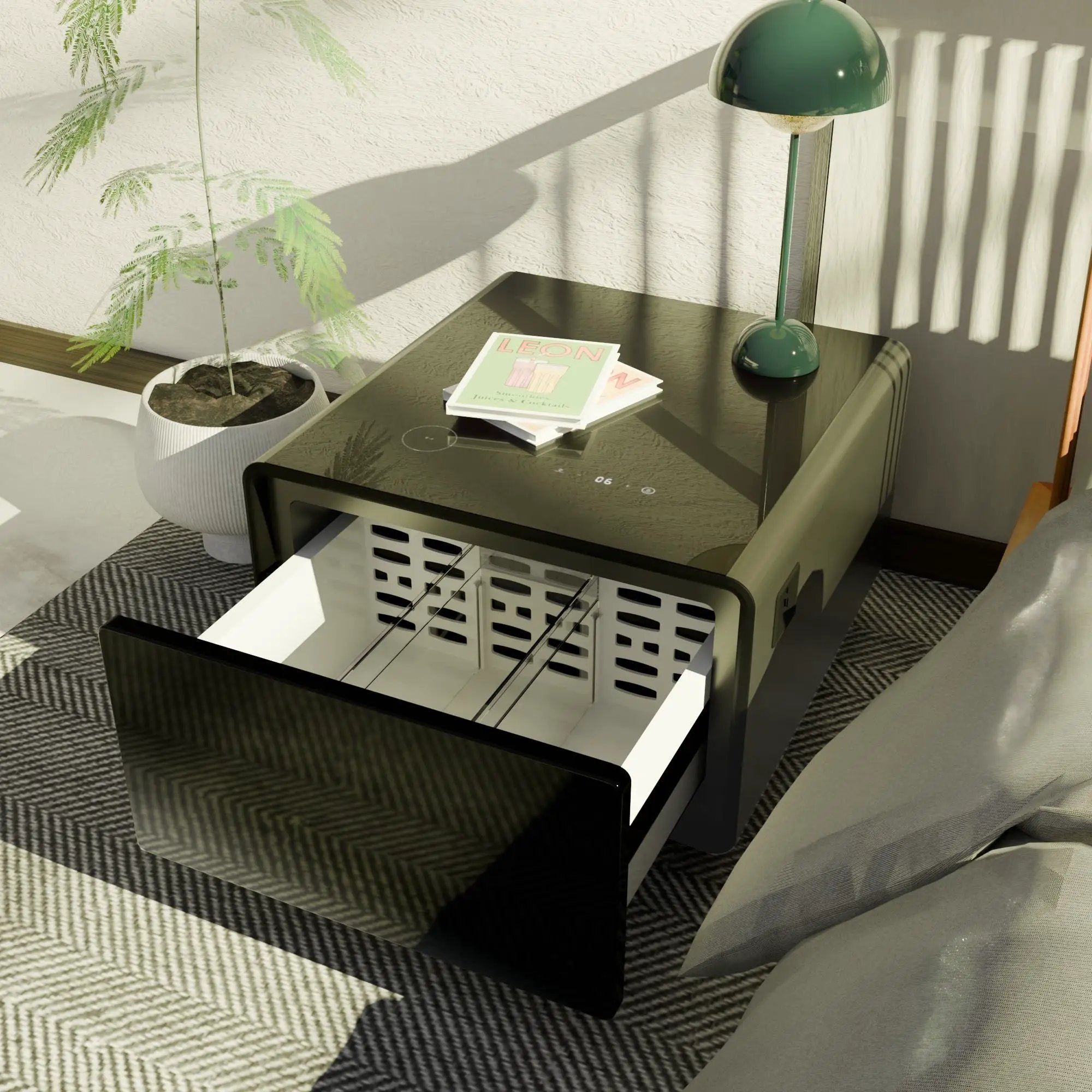 Modern Smart Side Table With Built-In Fridge, Wireless Charging, Temperature Control, Power Socket, USB Ports, Outlet Protection, Induction Light by HouseOfZazla