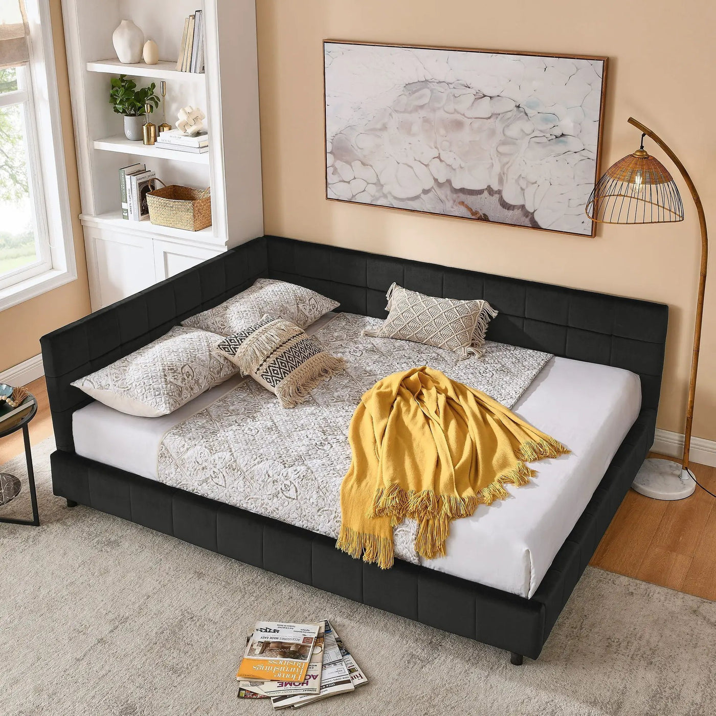 Mid-Century Storage Upholstered Tufted Bed Frame With Backrest And Armrests by HouseOfZazla