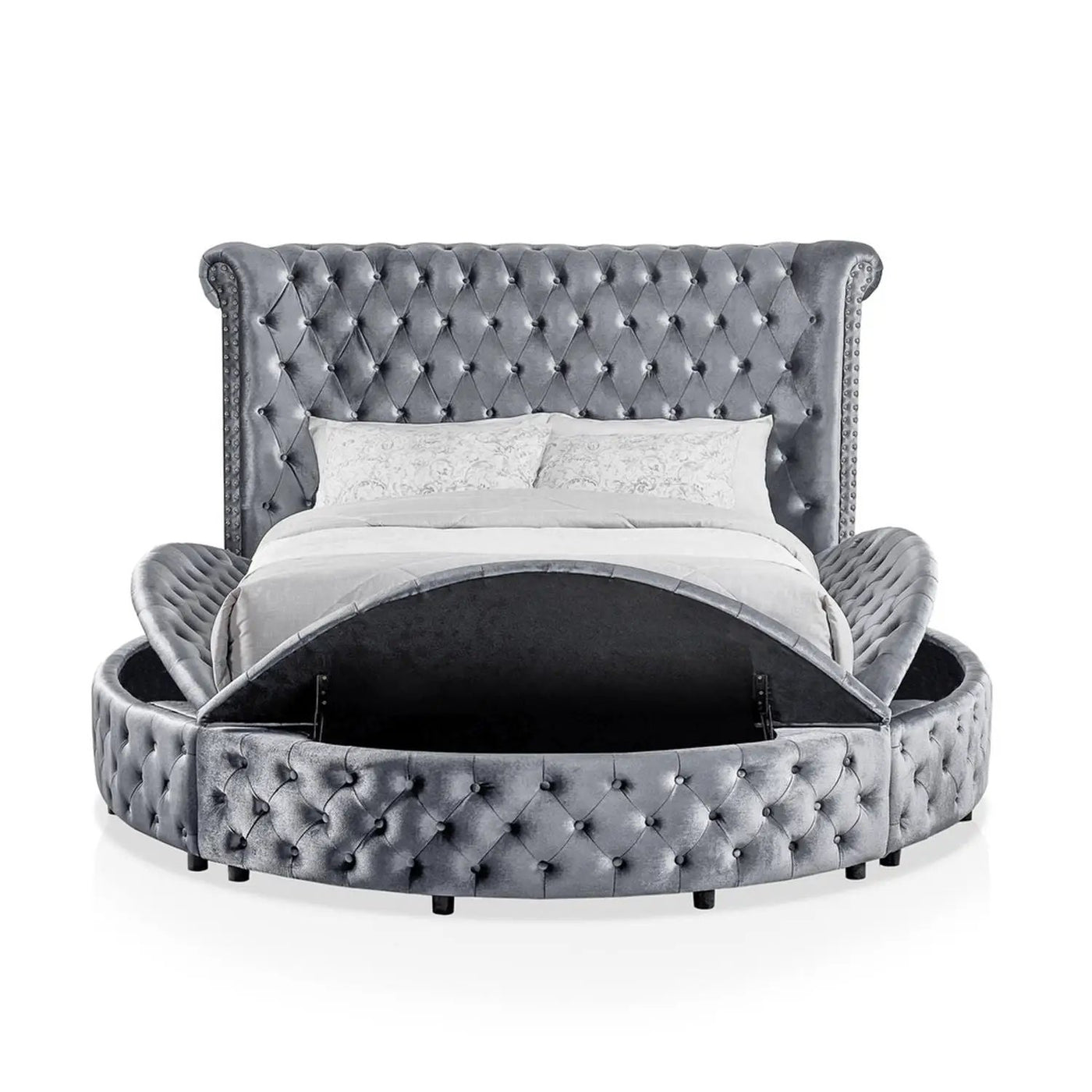 Glam Button Tufted Wingback Round Bed With Storage And USB Ports by Unique Piece Furniture