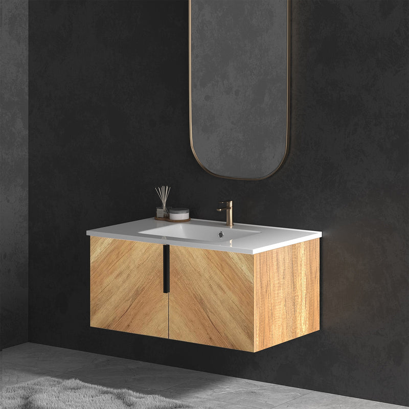 36 Inch Wall-Mounted Bathroom Vanity with 3D Fluted Panel & Ceramic Integrated Sink by HouseOfZazla