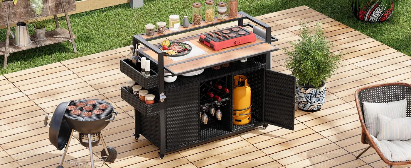 K&K 52.8"W Wicker Outdoor Grill Cart with Extended Table Top by HouseOfZazla
