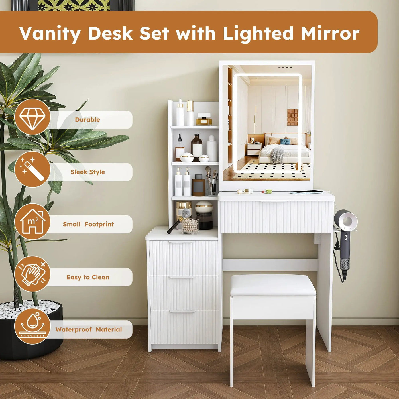 Modern Vanity Desk With 3 LED Lighting Modes, 4 Drawers by Unique Piece Furniture