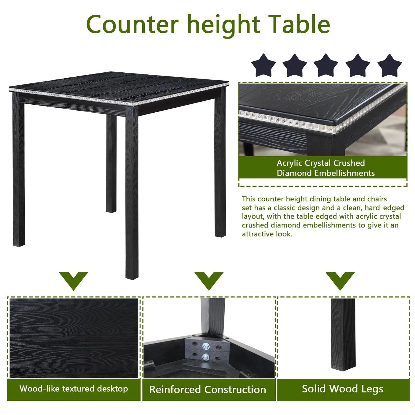 5 Pieces Counter Height Table Set, Kitchen Table With Square Table And 4 Upholstered Chairs by Unique Piece Furniture