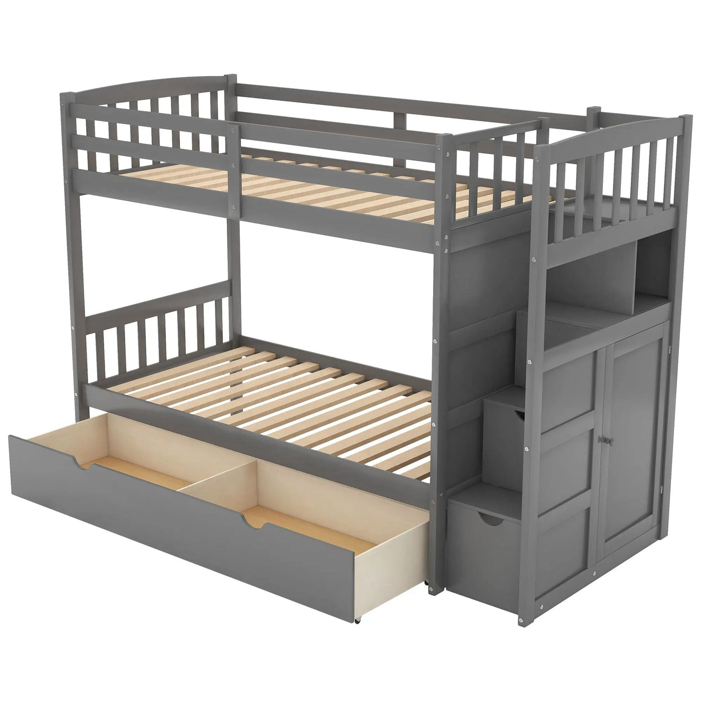 Bunk Bed, Convertible Bottom Bed, Storage Shelves And Drawers by HouseOfZazla