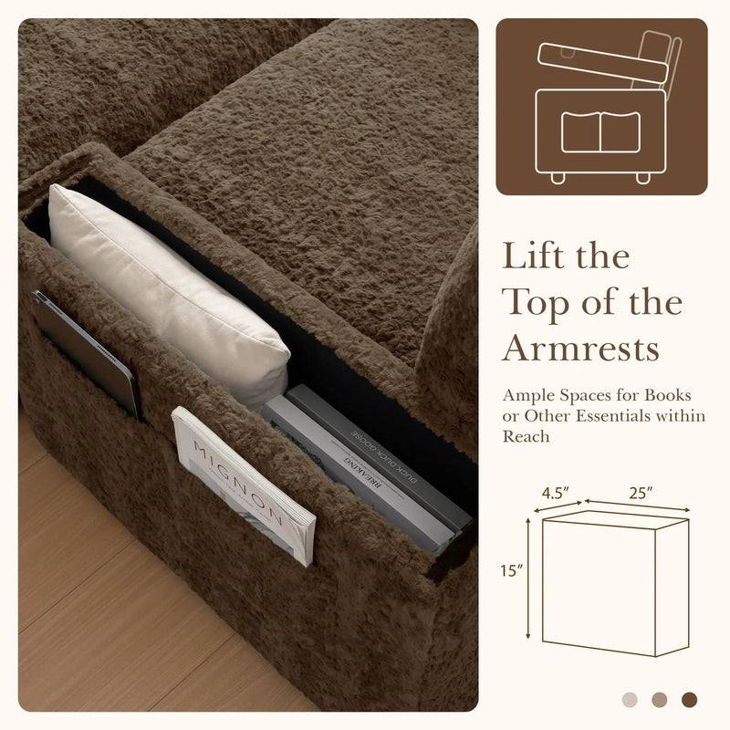 Oversized Chaise Lounge Indoor Rabbit Fur Sofa Bed With Storage Ottoman And Armrests Cup Holders With Deep Seat by Unique Piece Furniture