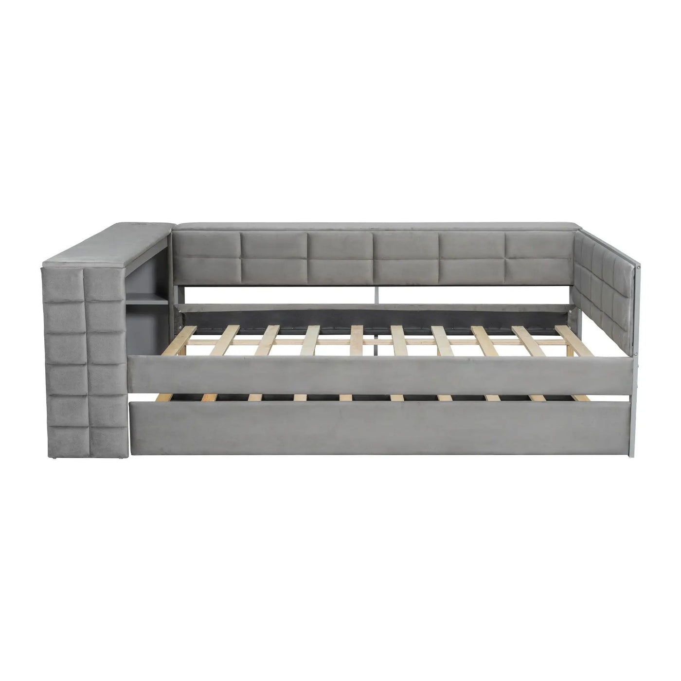 Upholstered Platform Bed With Storage Shelves, Desk, Charging Station And Trundle by HouseOfZazla