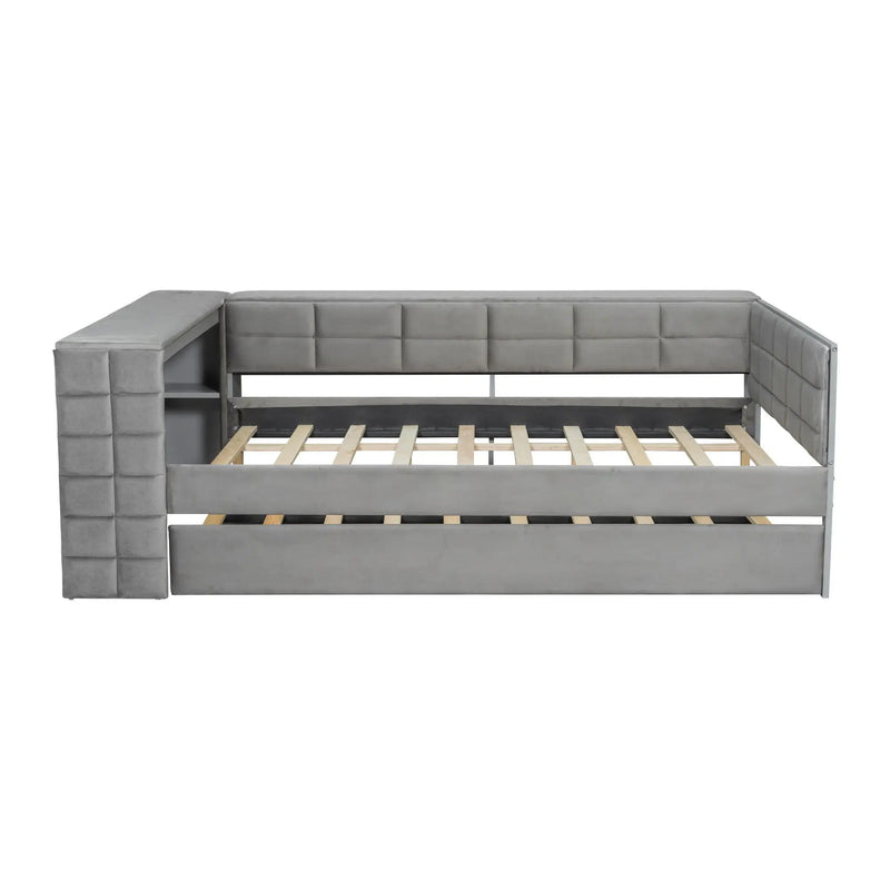 Upholstered Platform Bed With Storage Shelves, Desk, Charging Station And Trundle by Unique Piece Furniture