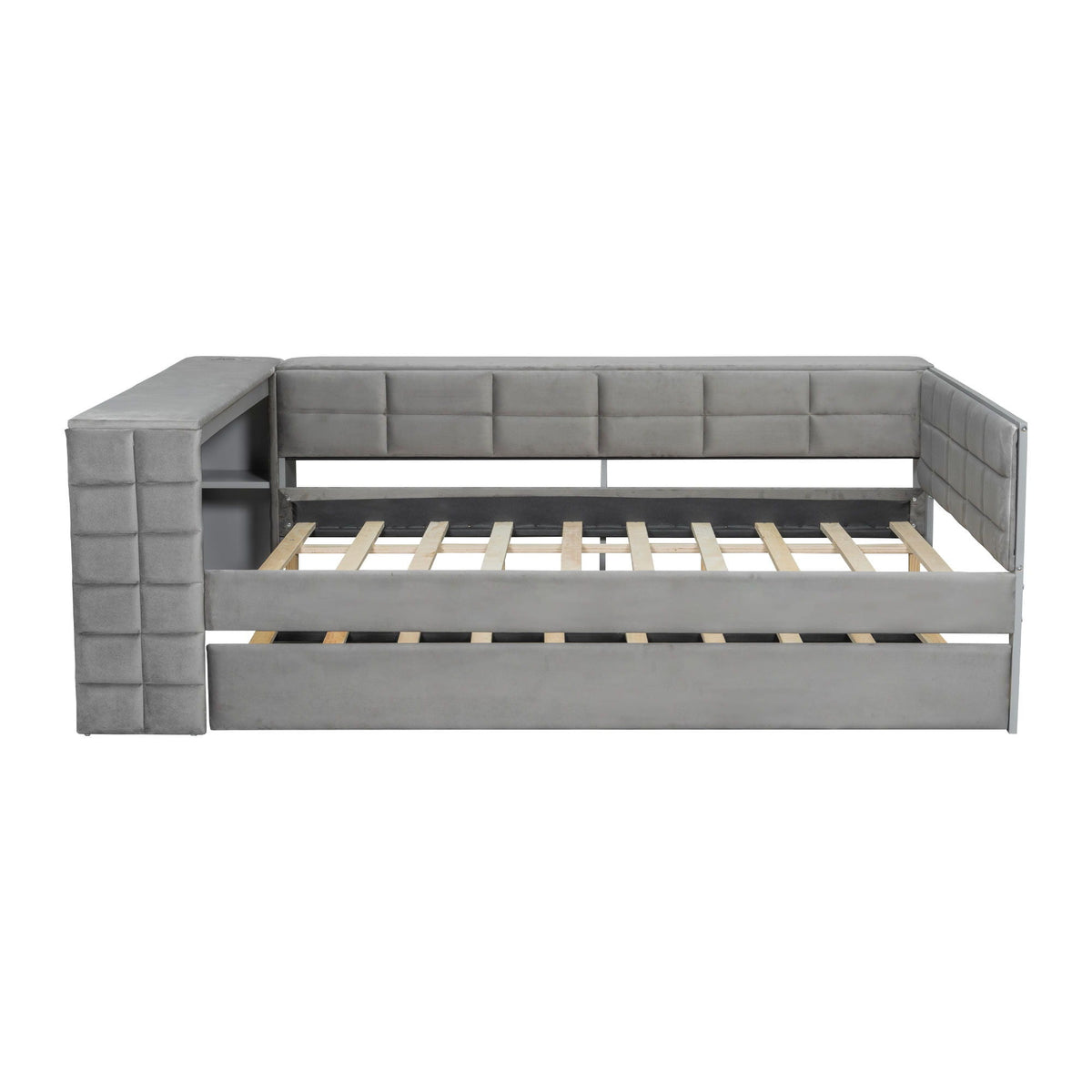 Upholstered Platform Bed with Storage Shelves, Desk, Charging Station and Trundle - Full, photo 13 of 29