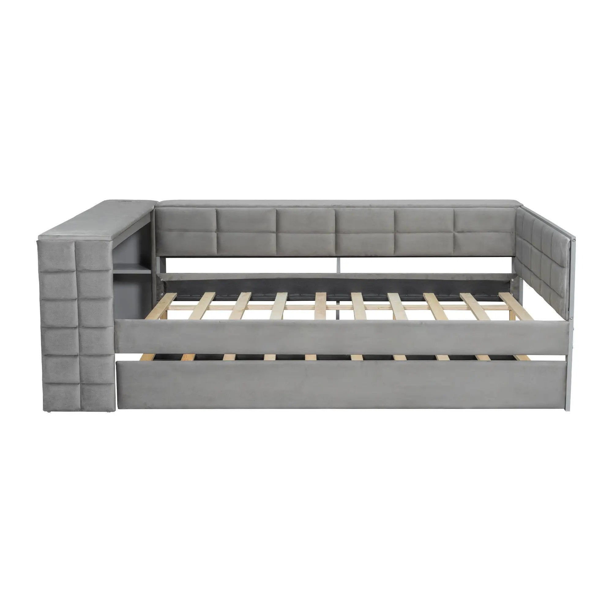 Upholstered Platform Bed With Storage Shelves, Desk, Charging Station And Trundle by Unique Piece Furniture