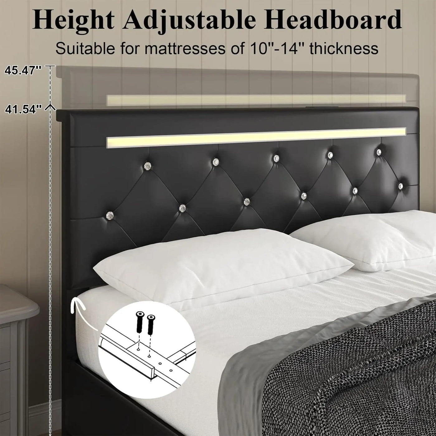 Upholstered Bed Frame With LED Lights, 4 Storage Drawers, Charging Station by HouseOfZazla