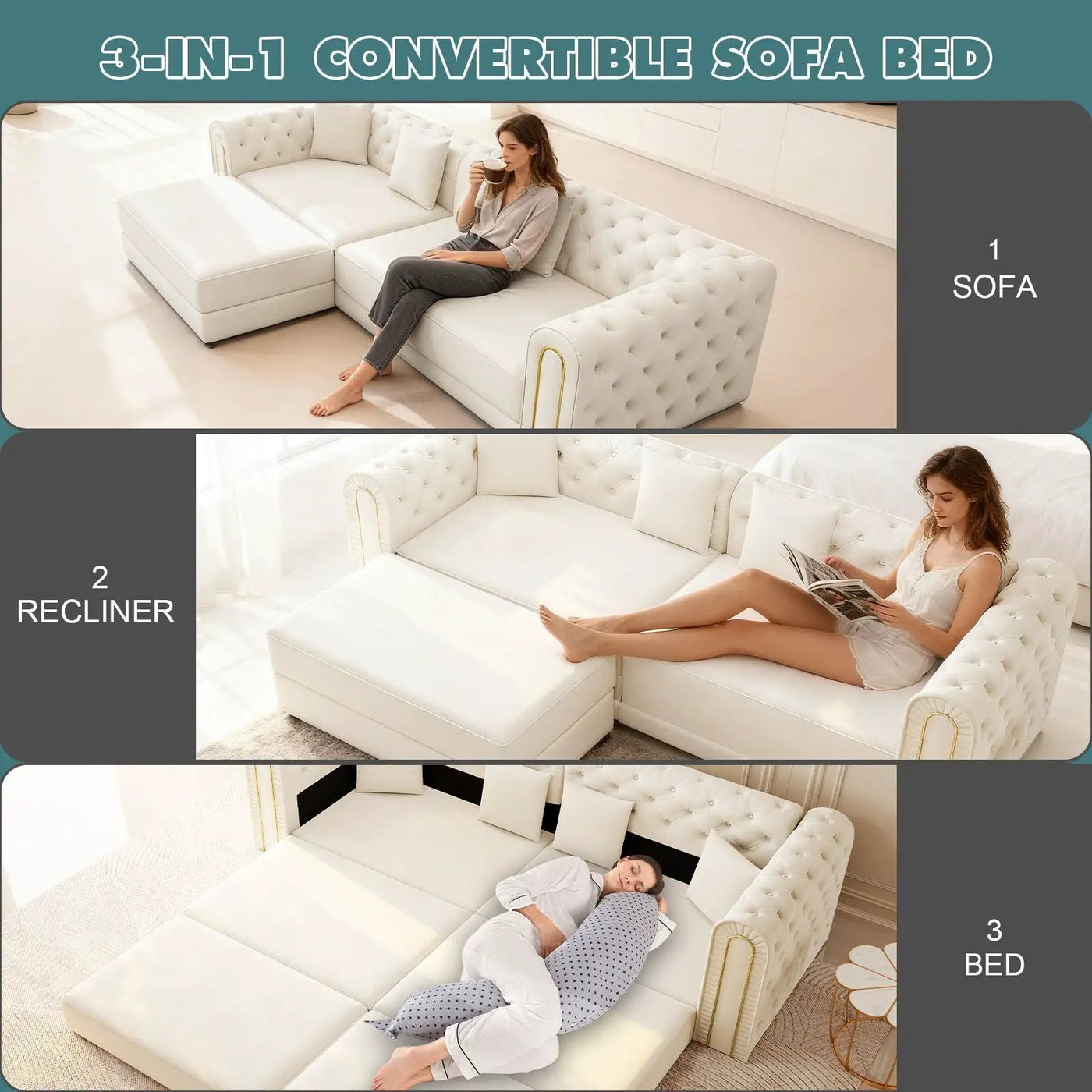 3-In-1 Convertible Sleeper Sofa With Movable Ottoman For Living Room by HouseOfZazla