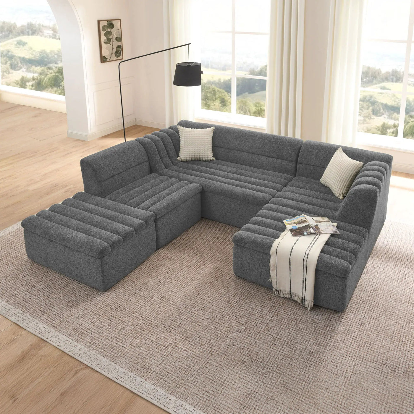 U-Shaped Modular Sectional Sofa With Chaise And Movable Ottoman With Wave-Shaped Armrest by Unique Piece Furniture