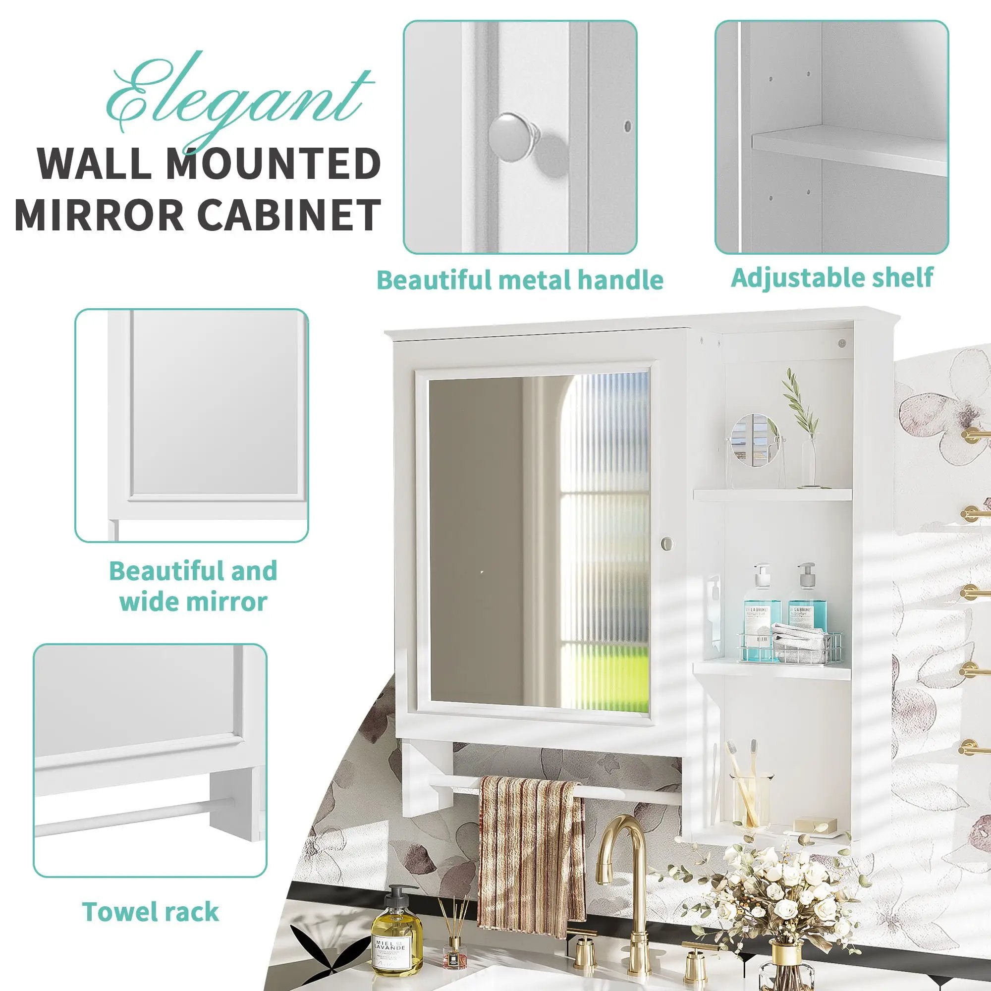 Wall Mounted Bathroom Storage Cabinet, Medicine Cabinets With Large Mirror Door, Adjustable Shelves And Three Open Storage Levels(Not Include Bathroom Vanity) by Unique Piece Furniture