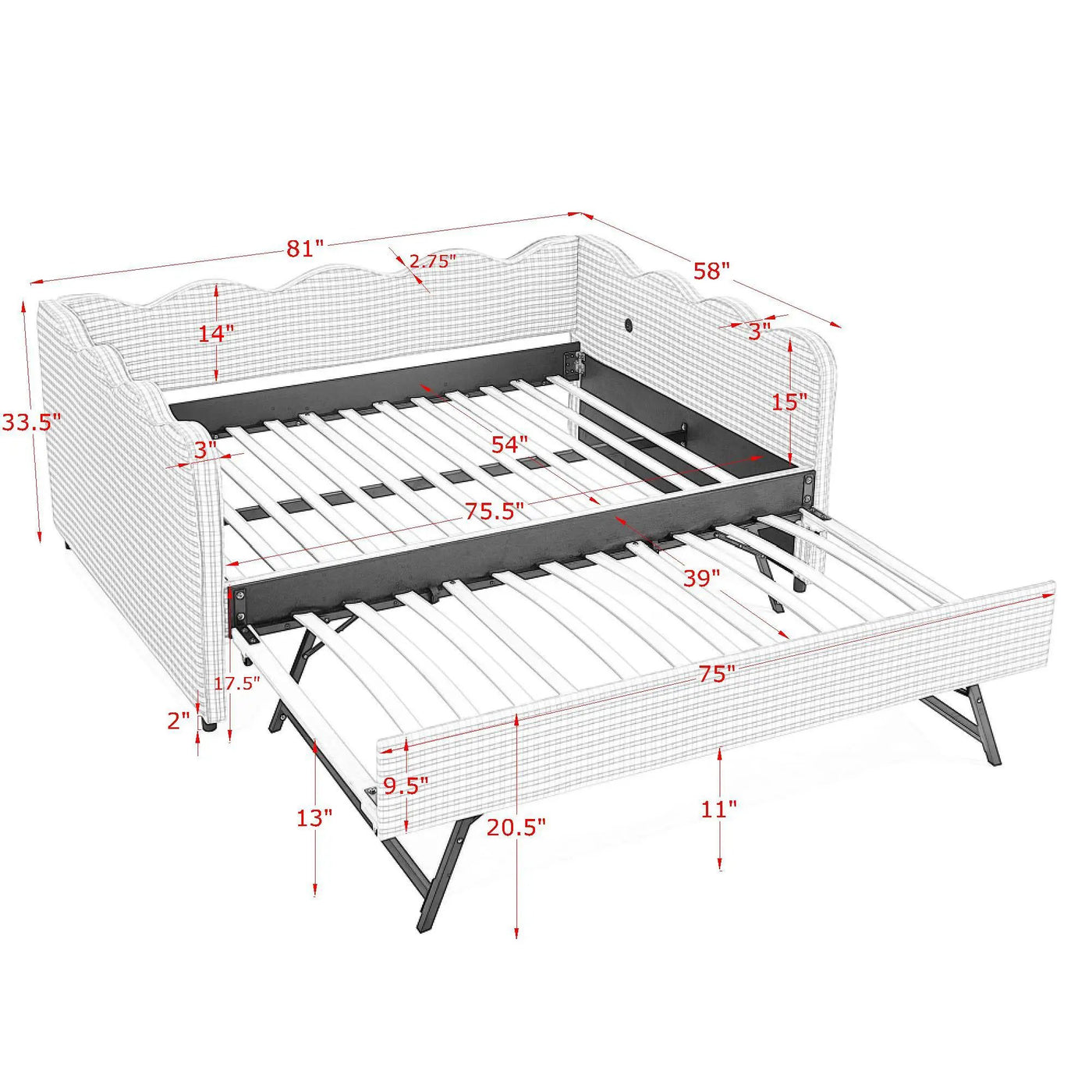 Gingham Daybed With USB Charging Port, Wave-Shaped Design by HouseOfZazla