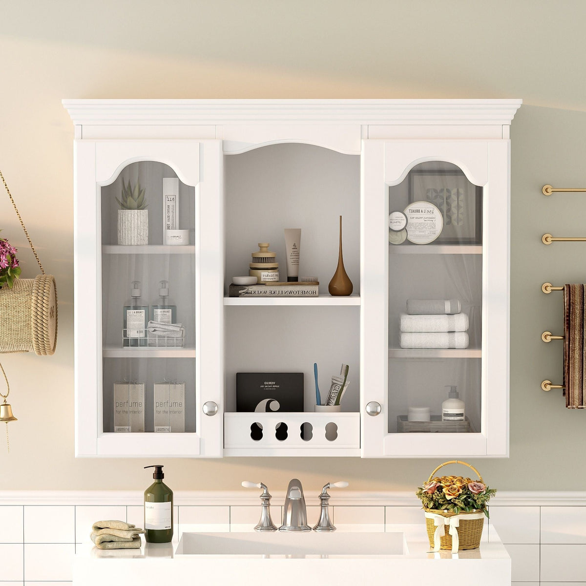 Wall-Mounted Medicine Cabinet with 2 Glass Doors and Adjustable Shelves - White, photo 2 of 4