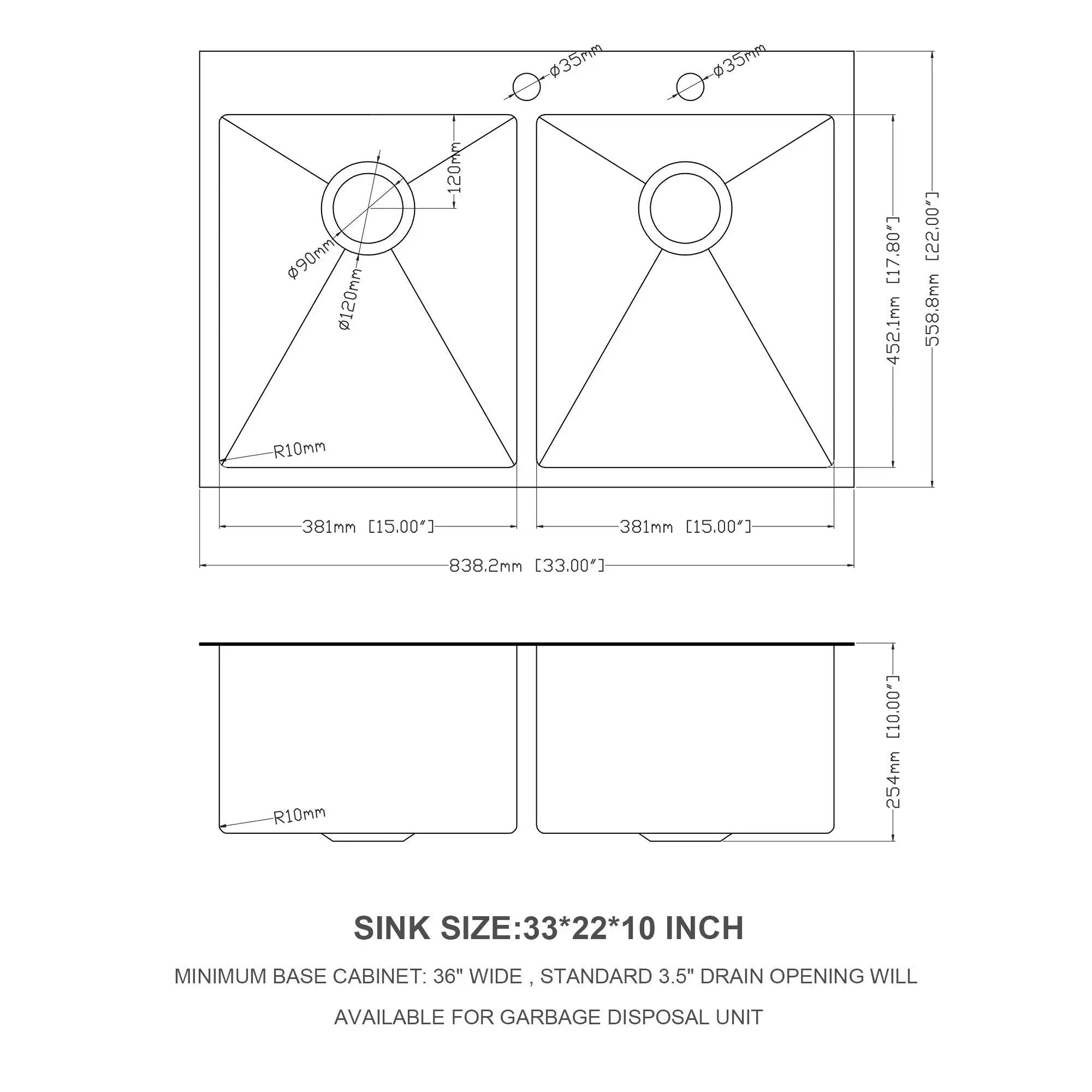 Double Bowl Drop In Kitchen Sink 33" X 22" With 16 Gauge Stainless Steel And 2 10" Deep Basins - Gunmetal Black by HouseOfZazla