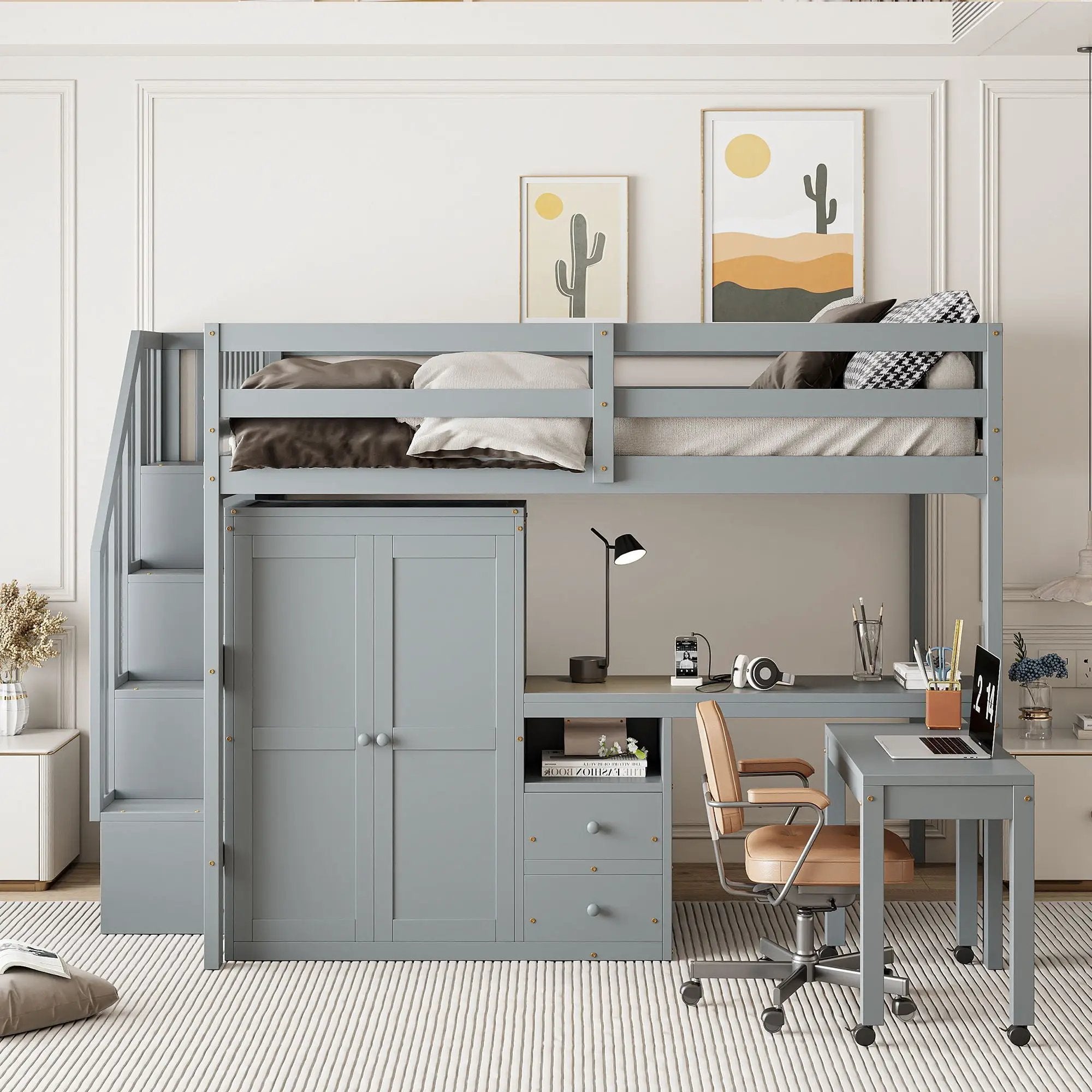 Loft Bed With Stairs, Bookshelf, Drawers, Desk & Wardrobe, Space Saving Multifunctional Furniture by HouseOfZazla