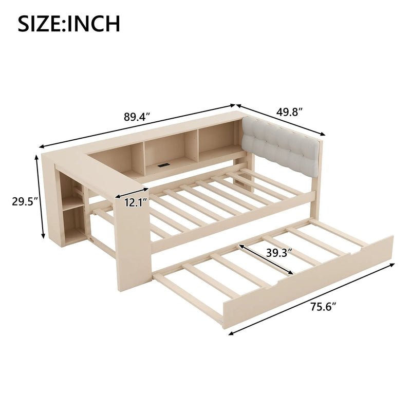 Upholstered Headboard Platform Bed with Storage Shelves, Trundle, and Charging Station by HouseOfZazla