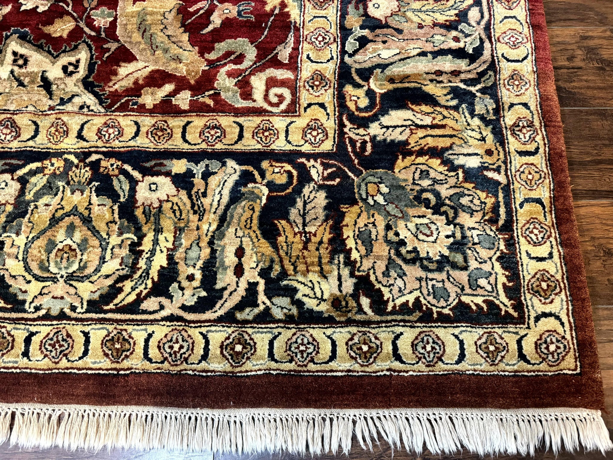 Indo Persian Rug 10x14, Indian Agra Carpet, Vintage Handmade Wool Large Traditional Rug, Dark Red Navy Blue Beige by Jewel Rugs