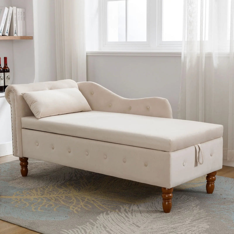 Chaise Lounge Indoor, Lounge Chair For Bedroom With Storage & Pillow, Modern Upholstered Rolled Arm Chase Lounge For Sleeping With Nailhead Trim For Living Room Bedroom Office by HouseOfZazla