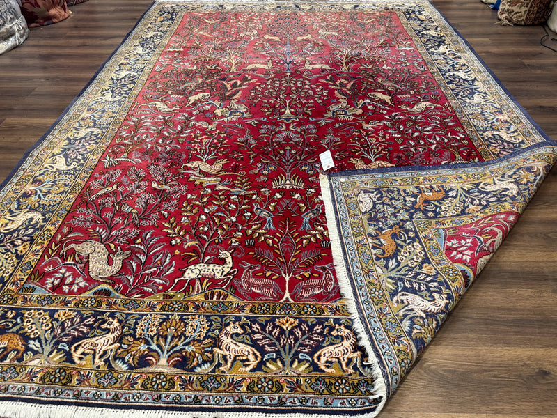 Persian Qum Rug 9x12, Animal Pictorials, Deer Birds, Tree of Life, Red and Navy Blue by Jewel Rugs