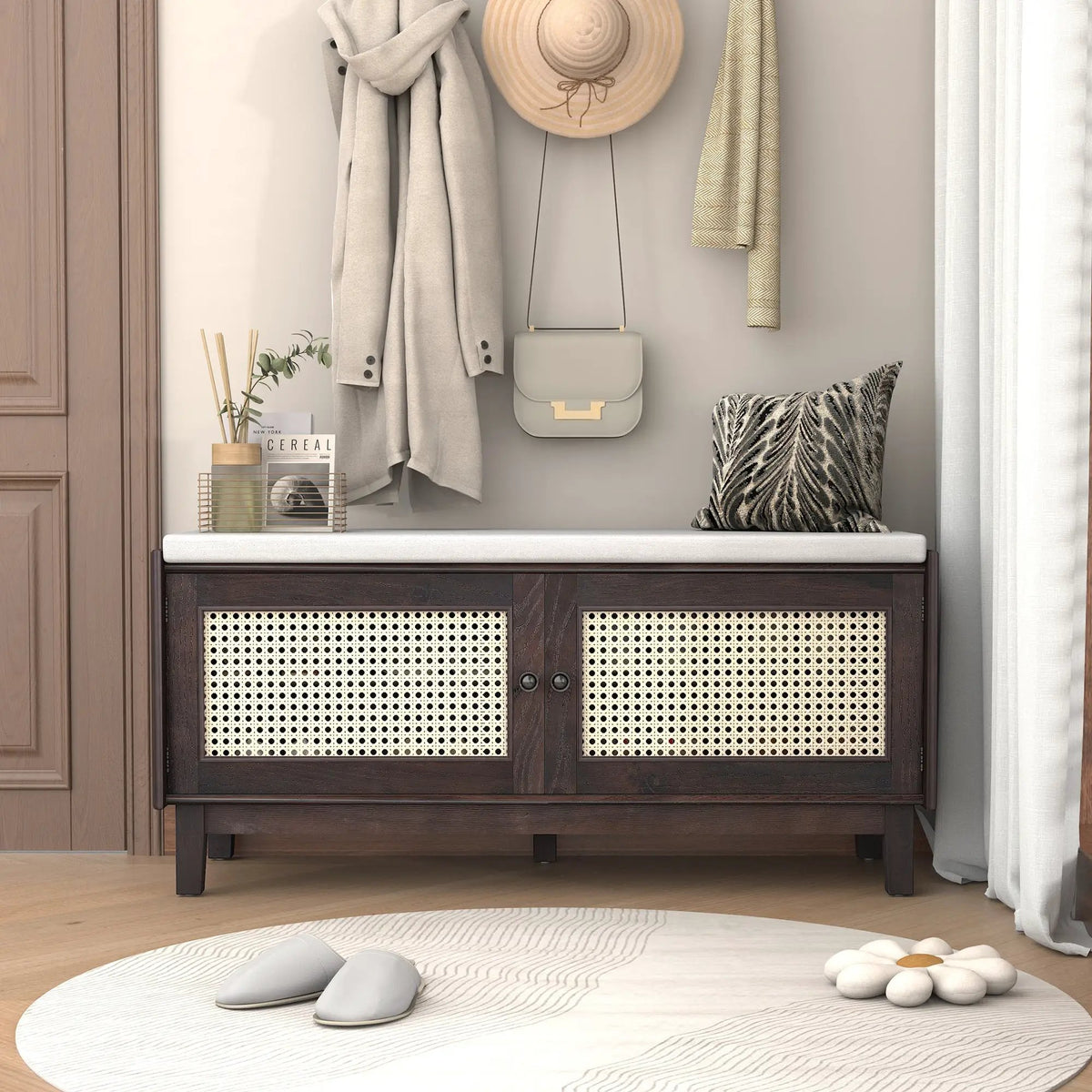 TREXM Boho Rattan Entryway Bench with Storage by HouseOfZazla