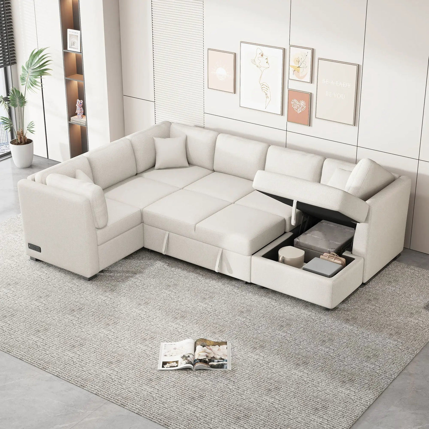 U-Shaped Sectional Sofa Pull Out Sofa Bed With Two USB Ports, Two Power Sockets, Three Back Pillows And A Storage Chaise For Living Room by HouseOfZazla