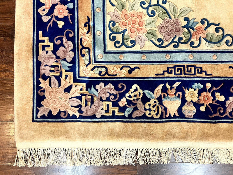Chinese Wool Rug 8x11, Peking Asian Oriental Carpet, Cream/Ivory and Blue, Vintage Handmade Rug, Art Deco Rug by Jewel Rugs