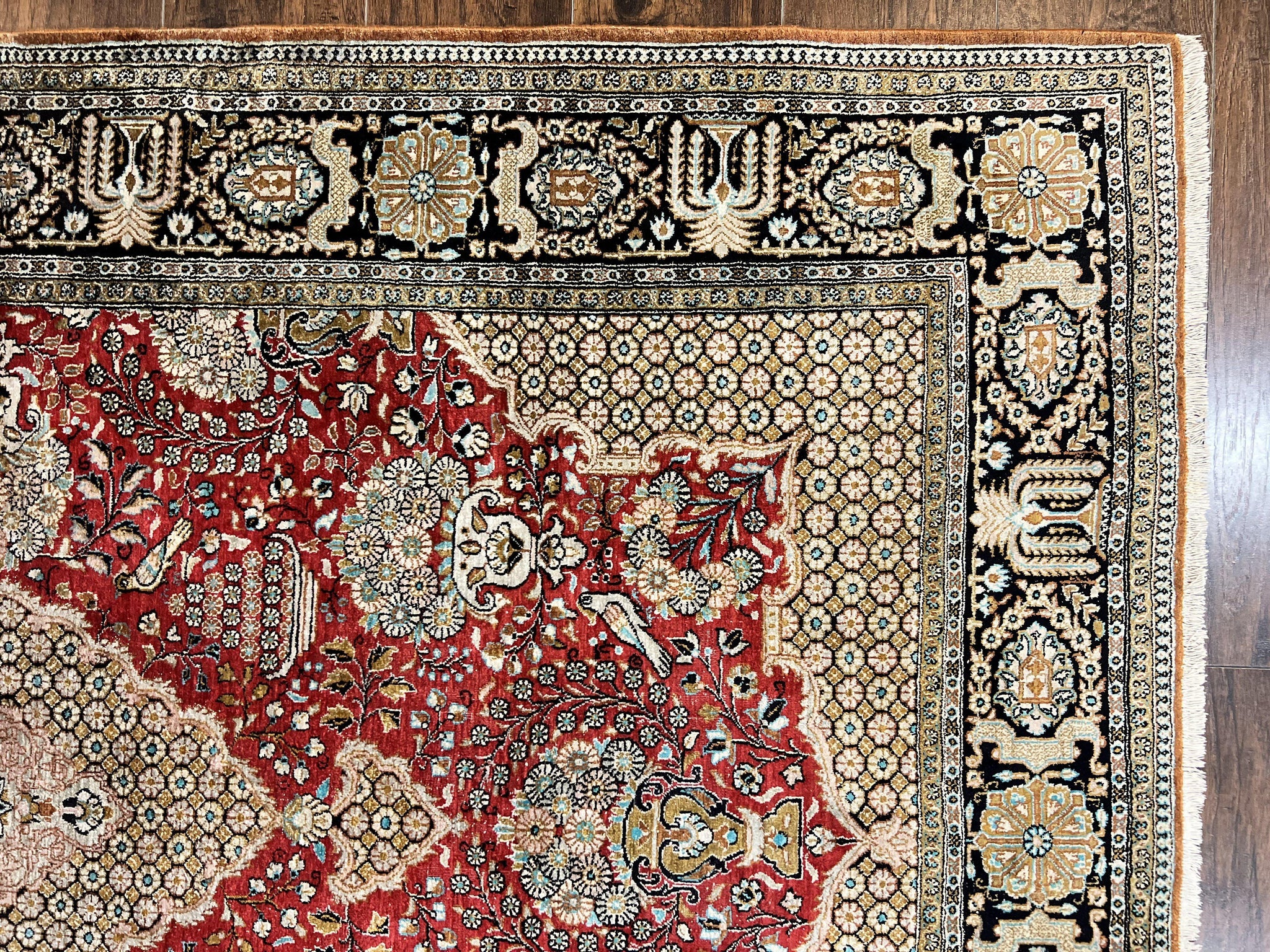 Wonderful Persian Silk Rug 5x7, Birds Floral Vases, Red, Hand Knotted Silk Fine Oriental Carpet, Handmade Vintage, Persian Qum Rug, 400 KPSI by Jewel Rugs