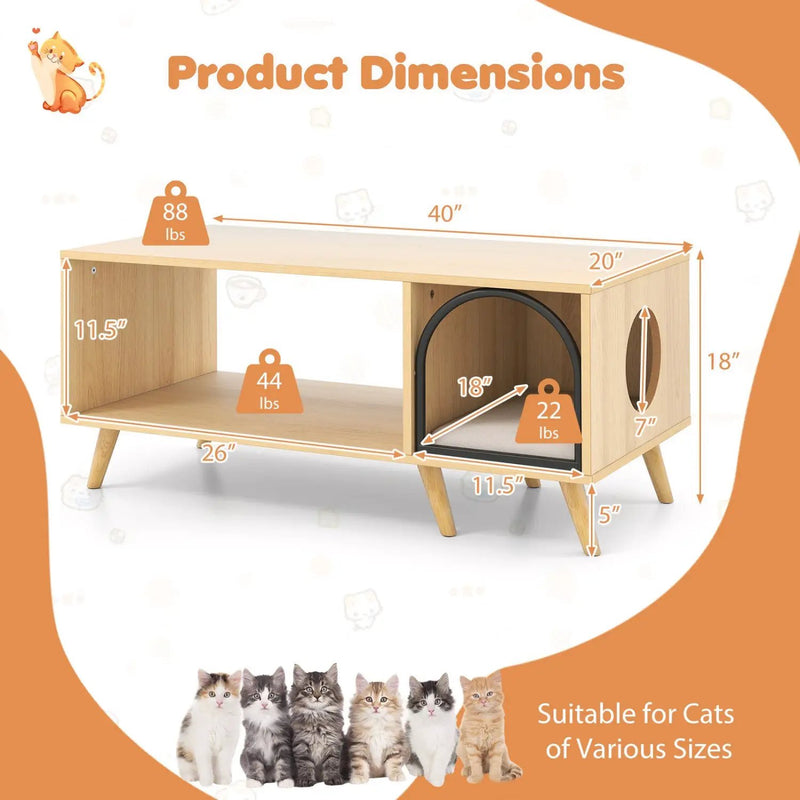 40 Inch Coffee Table Cat House 2-in-1 Wooden Kitten Furniture with Open Storage Shelf-Natural by DirectDeals