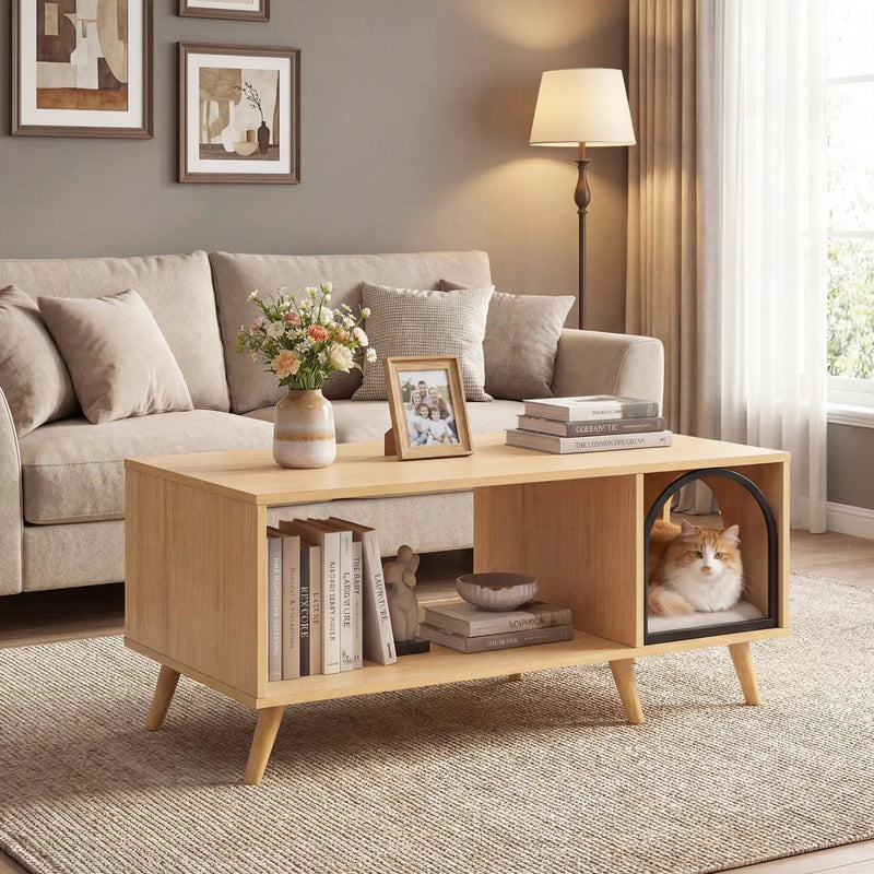 40 Inch Coffee Table Cat House 2-in-1 Wooden Kitten Furniture with Open Storage Shelf-Natural by DirectDeals
