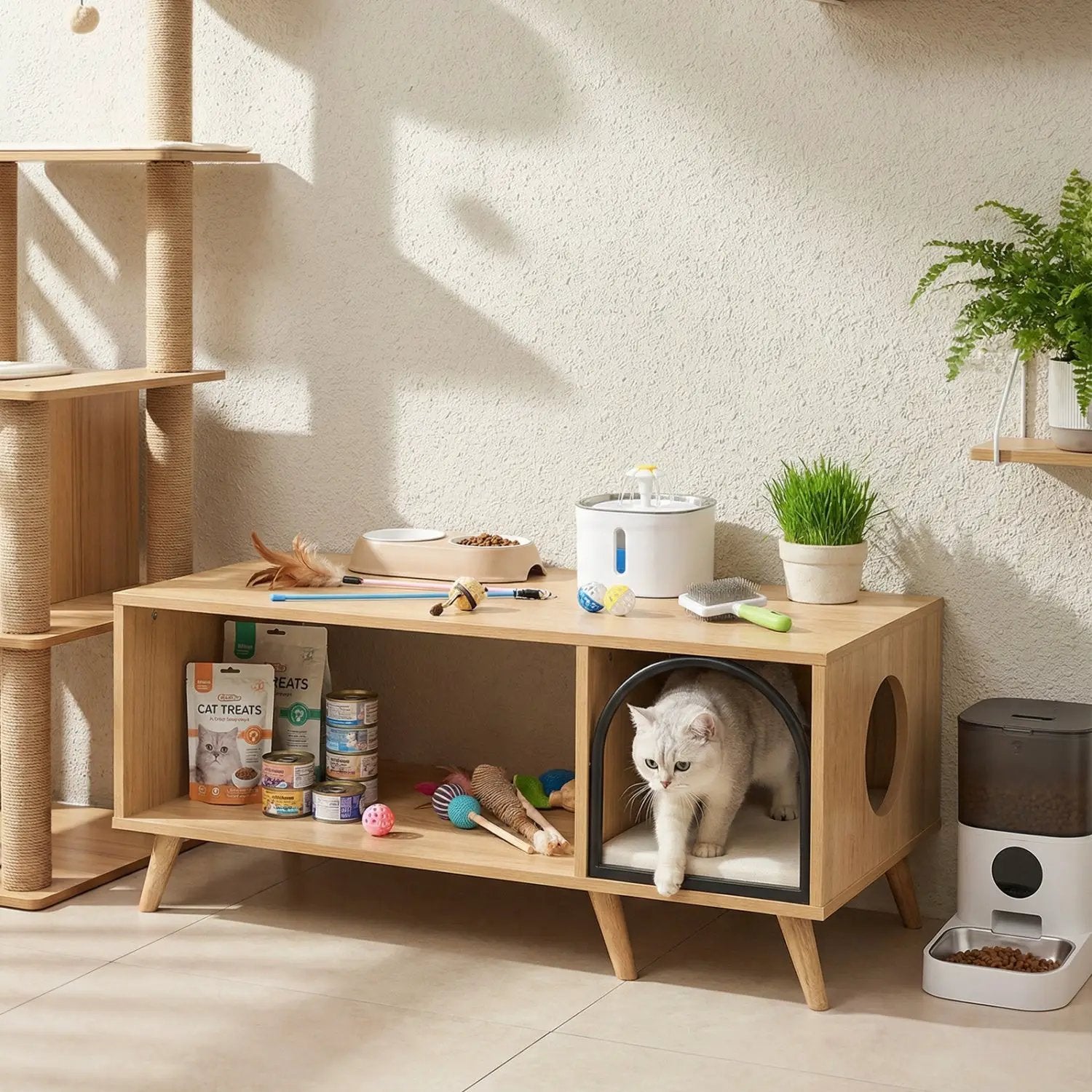 40 Inch Coffee Table Cat House 2-in-1 Wooden Kitten Furniture with Open Storage Shelf-Natural by DirectDeals