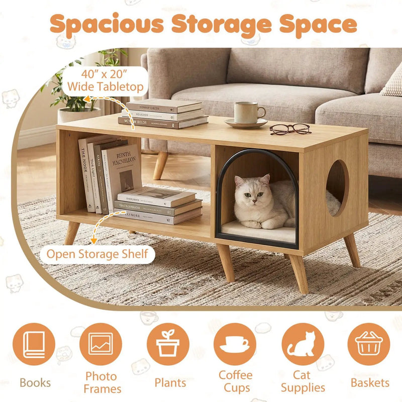 40 Inch Coffee Table Cat House 2-in-1 Wooden Kitten Furniture with Open Storage Shelf-Natural by DirectDeals