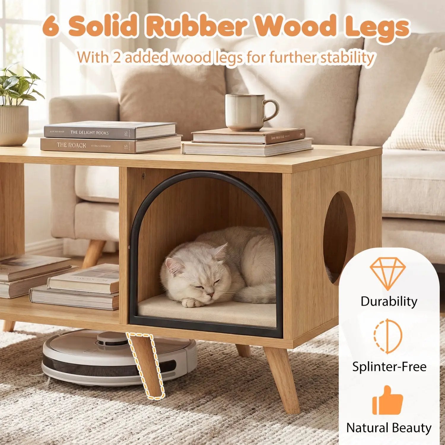 40 Inch Coffee Table Cat House 2-in-1 Wooden Kitten Furniture with Open Storage Shelf-Natural by DirectDeals