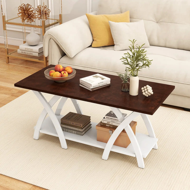 40 Inch Farmhouse Wooden 2-Tier Coffee Table with Storage Shelf for Living Room-Walnut by DirectDeals